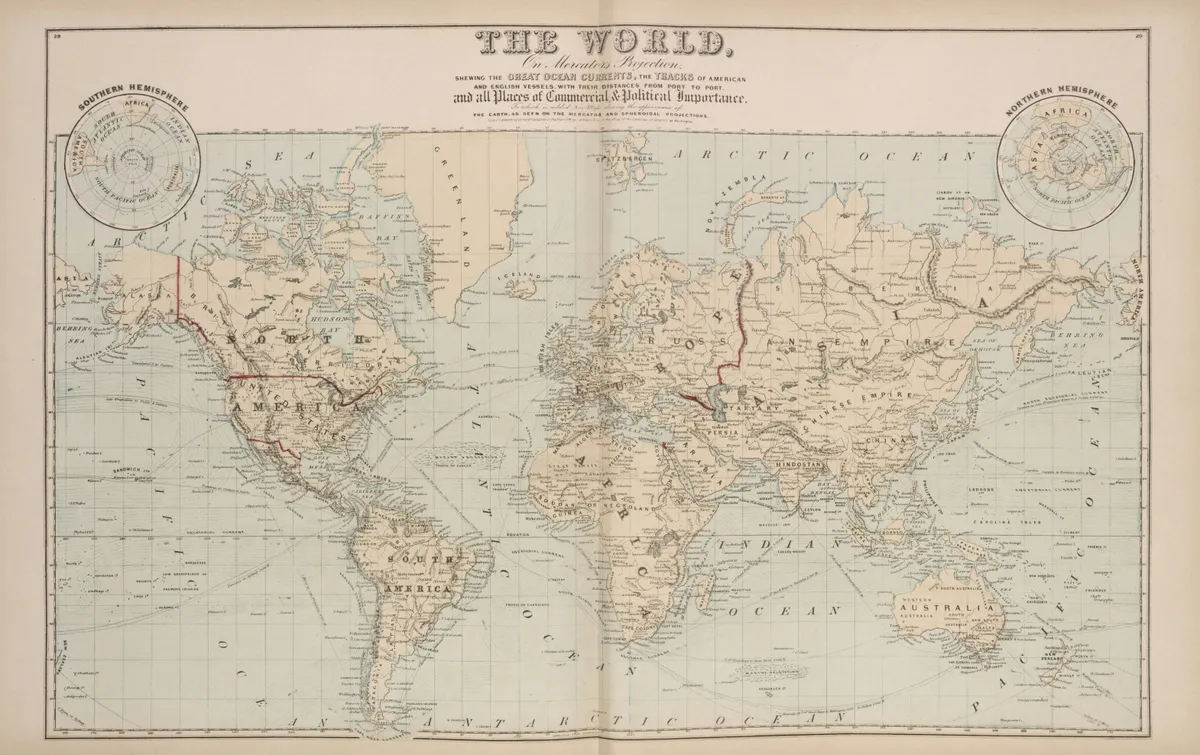 Antique World Map Mercator Projection Ocean Currents 19th C